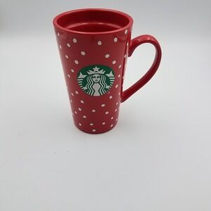 Starbucks Ceramic 14 oz Coffee Cup‎ Travel Mug W/O Lid Red Polka Dots Holiday